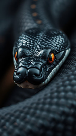 Close-up of a black snake with striking orange eyes resting on textured surface in dim lightingの素材