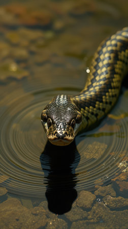 Snake swims gracefully in water, creating ripples under soft sunlightの素材