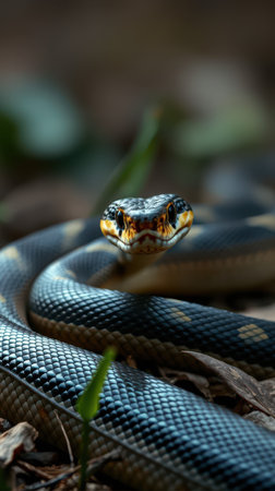 Snake coiled among leaves in a forested area during the afternoon, showcasing intricate patterns and vibrant colorsの素材
