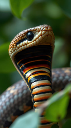 Close encounter with a vibrant snake in lush greenery during a warm afternoon in a tropical habitatの素材