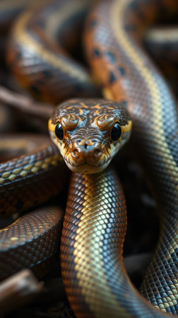 Colorful snake resting among natural surroundings in a close-up view showcasing intricate scales and featuresの素材