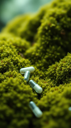 Capsules resting on vibrant green moss in a tranquil natural settingの素材