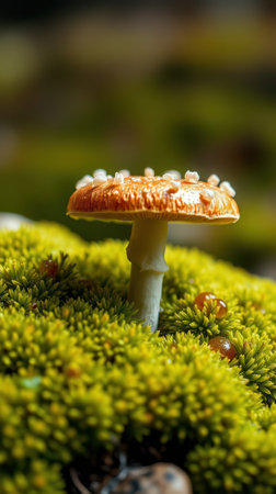 Bright orange mushroom growing amid vibrant green moss in a forest setting during daylight hoursの素材