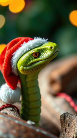 Creative holiday-themed decoration featuring a snake with a Santa hat in a festive settingの素材