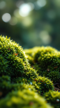 Lush green moss covering forest ground with soft sunlight filtering throughの素材