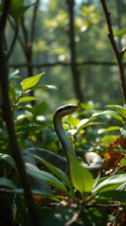 Green snake resting among lush leaves in a serene forest environmentの素材
