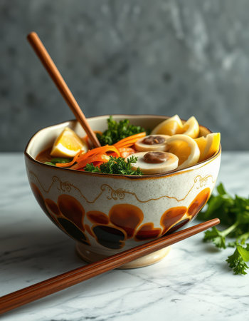 Savory soup with carrots, lemon, and soft boiled eggs in a decorative bowl awaitsの写真素材