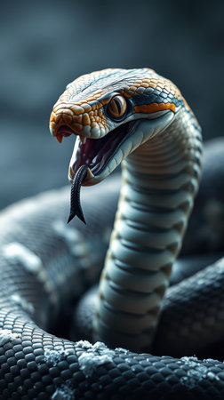 Captivating coiled snake exhibiting striking scales and hunting behavior in natural habitat during twilight hoursの素材