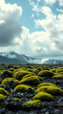 Lush green moss covers rocky terrain under a cloudy sky in Icelands rugged landscapeの素材