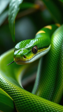Green python coiled among lush foliage in a tropical setting during daylight hoursの素材
