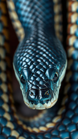 Detailed close-up of a blue snake showcasing its scales and unique features in a natural settingの素材