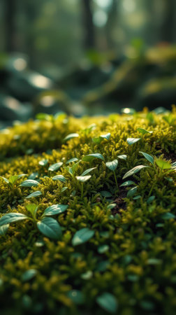 Vibrant green moss carpet covers forest floor in serene natural setting during daylight hoursの素材