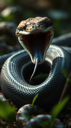 Majestic snake displays its striking colors and open mouth in the lush wilderness during daylight hoursの素材