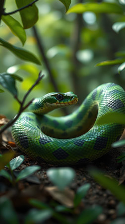 Green snake resting among lush foliage in a tropical forest during daylight hoursの素材