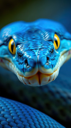 Bright blue snake with striking yellow eyes resting in a calm environmentの素材