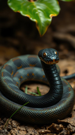 Black snake coiled on the forest floor amid leaves and natural debris in a lush environmentの素材