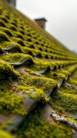 Moss covers an old rooftop creating a vibrant green texture during overcast weatherの素材