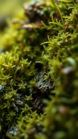 Close-up view of vibrant green moss covering a rock in a forest setting during daylight hoursの素材