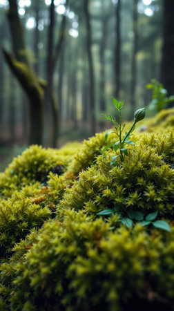 Lush green moss and a small plant growing in a misty forest during the early morningの素材