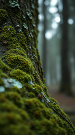 Close-up view of moss-covered tree trunk in a dense forest during foggy conditionsの素材