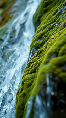 Moss-covered rocks along a serene flowing stream in a lush forest during daylightの素材