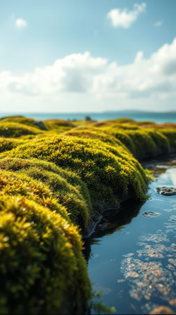 Lush green moss covering stones by the serene shoreline during a bright sunny dayの素材