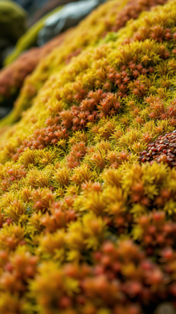 Colorful moss blanket covers rocks in a natural landscape during bright daylight hoursの素材