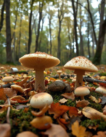 Autumn mushrooms thrive amidst fallen leaves in a serene forestの写真素材