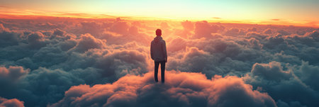 Individual stands on a cloud, gazing at a vibrant sunset over a sea of clouds high above the landscapeの素材