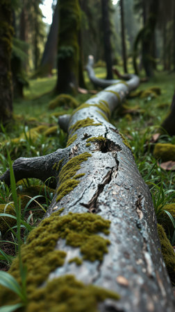 Moss-covered log stretches through lush green forest under soft daylight in peaceful natural settingの素材