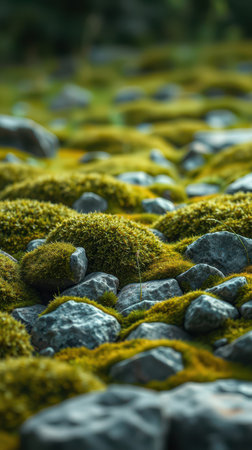 Lush green moss covering stones in a serene natural landscape during daylight hoursの素材