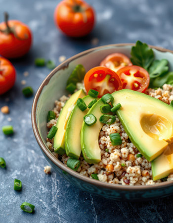 Delicious avocado and tomato quinoa bowl prepared for a healthy lunchの写真素材