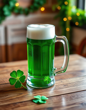 A large beer mug filled with bright green beer and topped with white foam rests on a dark brown wooden surfaceの写真素材