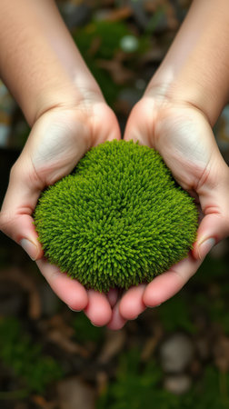 Hands cradling vibrant green moss in a natural setting during daylightの素材