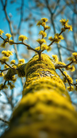 Moss-covered tree trunk reaches for the sky in a vibrant forest during springtimeの素材