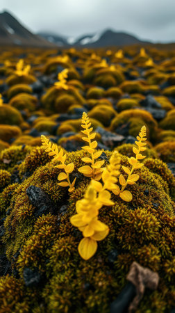 Vibrant yellow flowers blooming on mossy landscape in a mountainous region during overcast weatherの素材