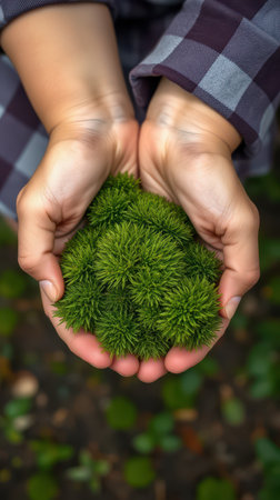 Hands gently holding vibrant green moss in nature surrounded by foliage during daylightの素材