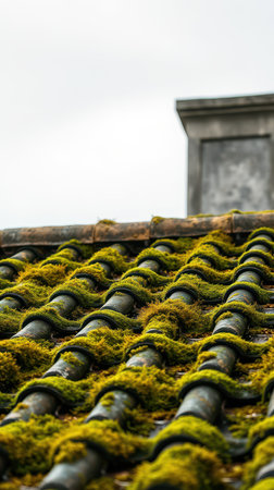 Moss-covered tiles on a traditional roof reflect the charm of old architecture during a cloudy dayの素材