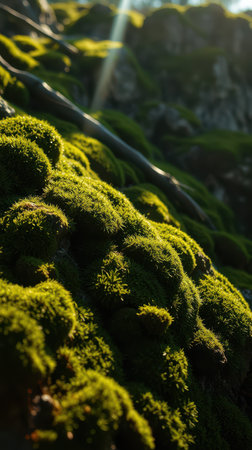 Close-up view of vibrant green moss covering a rocky surface in natural lightの素材