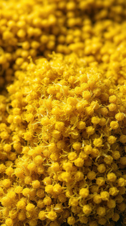Bright yellow Mimosa flowers in full bloom showcasing intricate details on a sunny day in a natural settingの素材