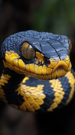 Striking black and yellow snake poised on a branch in the wild at duskの素材