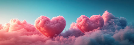 Heart-shaped clouds create a romantic sky at sunset over a serene landscapeの素材