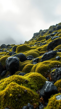 Moss-covered rocks create a vibrant landscape in a misty mountainous area during early morning lightの素材