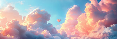 Colorful clouds in vibrant hues with a heart shape appearing in the sky during sunsetの素材