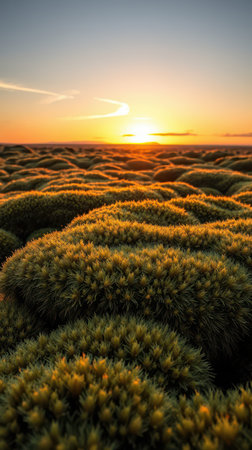 Sunset over lush green moss fields creating a serene landscape with warm golden tonesの素材