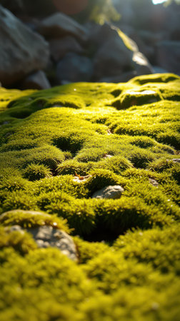 Lush green moss covering rocky terrain under soft sunlight in a tranquil forest settingの素材