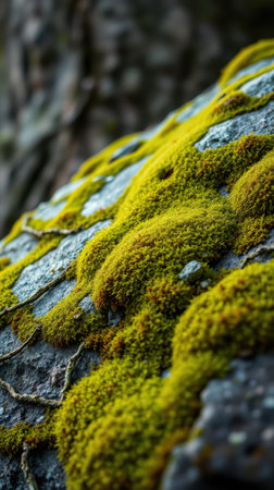 Vibrant green moss growth on a textured rock in a serene forest setting during early morning lightの素材