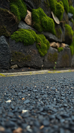 Moss-covered stone wall alongside a gravel road with a perspective view near a village in a lush green regionの素材