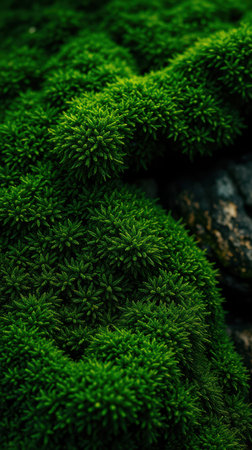 Lush green moss covering rocky terrain in a peaceful natural settingの素材
