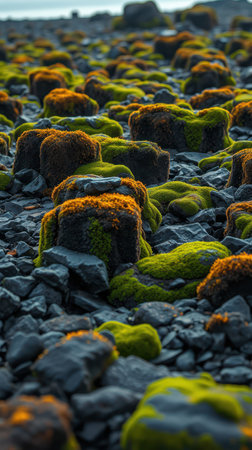 Coastal rocks covered in vibrant green and orange moss during sunset on a tranquil shoreの素材